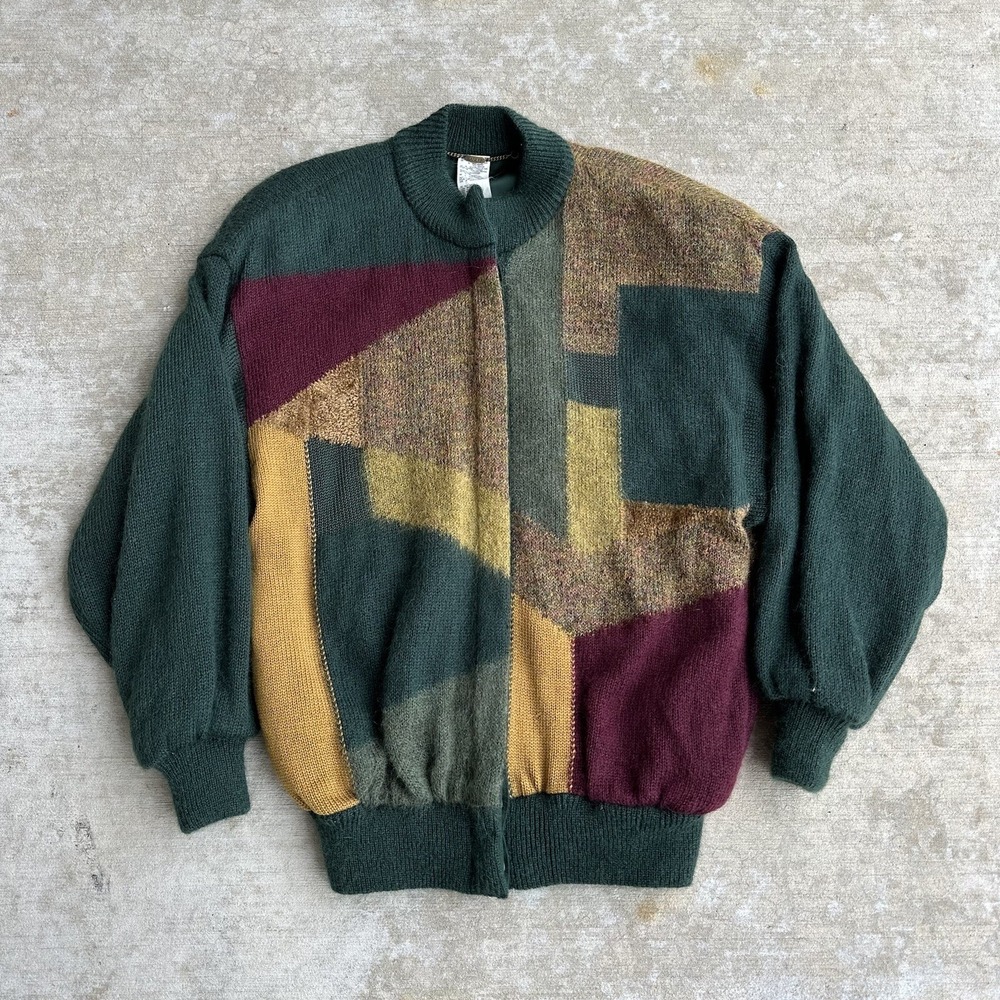Basler Cardigan Sweater Women's 38 Green Geometric Mohair Blend Button Front